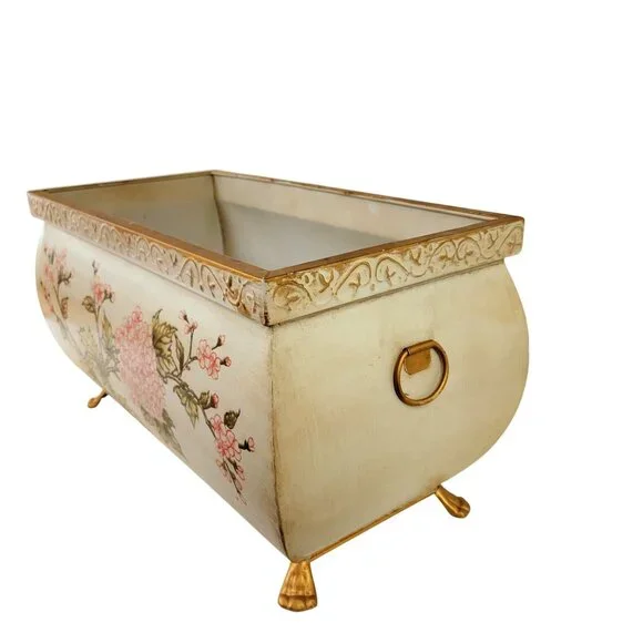 Hand-Painted Floral Metal Rectangular Planter With Gold Feet & Handles Large - Picture 3 of 5
